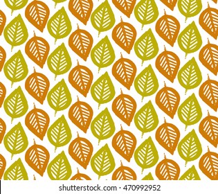 Autumn seamless pattern with leaves. Vector background in orange and white colors. Can be used for wallpaper, pattern fills, surface textures, fabric prints.