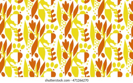 Autumn seamless pattern with leaves. Vector background in orange and white colors. Can be used for wallpaper, pattern fills, surface textures, fabric prints.