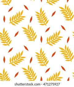Autumn seamless pattern with leaves. Vector background in orange and white colors. Can be used for wallpaper, pattern fills, surface textures, fabric prints.
