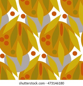 Autumn seamless pattern with leaves. Vector background in orange and white colors. Can be used for wallpaper, pattern fills, surface textures, fabric prints.
