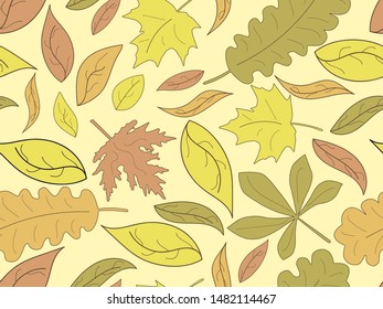 Autumn seamless pattern with leaves. Yellow falling leaves, leaf fall. Background for wrapping paper, print, fabric and printing. Vector illustration