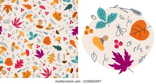 Autumn seamless pattern, leavs and mushroom, cute doodle vector illustration for your textile or wallpaper.