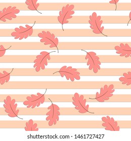 Autumn seamless pattern with light brown oak leaves on striped background. Vector illustration for fabric, textile wallpaper, posters, gift wrapping paper. Floral vector illustration. Doodle style. 
