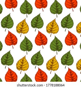 Autumn seamless pattern with linden green, yellow and orange leaves isolated on white background. Hand drawn colored sketch vector illustration. Vintage line art