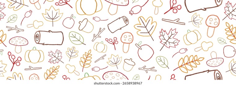 Herbst nahtloses Muster in Linie Kunststil mit Herbstblättern, Pilzen, Kürbissen und Beeren auf Weiß. Ideal zum Verpacken von Papier, Stoffdrucken oder sozialen Inhalten zum Thema Herbst.