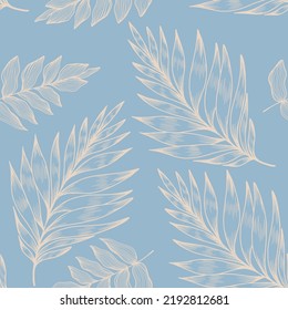 Autumn seamless pattern with linear fern, palm leaf on blue background. Vintage texture with line art leaf