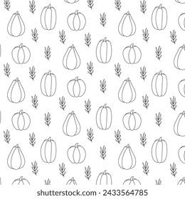 Autumn seamless pattern. Linear pumpkin and leaves. Vegetables are seasonal. Icon coloring book. Hand drawn vector illustration. Beautiful natural elements. Doodle background