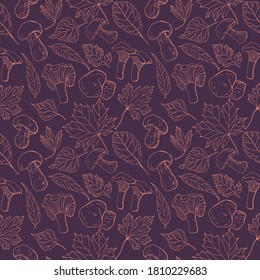 Autumn seamless pattern in the linear style. Leaves, porcini mushrooms and chanterelles. Line art. Stock illustration.