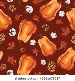 Autumn seamless pattern of long round orange pumpkins in cartoon style on a red background, for autumn designs, patterns or cards