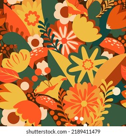 Autumn seamless pattern made in warm autumn colors with various vegetation, hidden mushrooms, leaves and abstract shapes. The design is great for wallpaper, clothing, wraps and more. Editable vector.