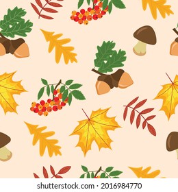 patrón ininterrumpido de otoño. Maple, bellota, rowan, setas, hojas, hojas de otoño. Vector

