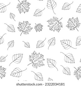 Herbstnahtloses Muster von Ahorn- und Birkenblättern auf transparentem Hintergrund. Line Art Stil, doodle. für Umhüllung, Plakat, Karte, Deckel. Rahmenwiederholung für Scrapbooking, Textilien, Handwerkspapier