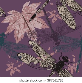 Autumn Seamless pattern with Maple leaf, abstract elements and dragonflies. Template can be used for design fabric, wallpaper, cover, and more designs. Vector image.