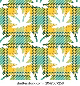 Autumn seamless pattern of maple leaves white silhouettes on checkered tartan plaid textile background of green and yellow colors	
