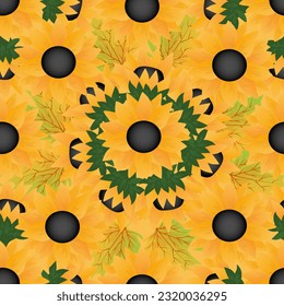 Patrón ininterrumpido de otoño con hojas de arce, girasoles sobre fondo amarillo.