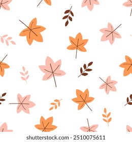 Otoño sin patrón con hojas de arce y ramas secas sobre fondo blanco Vector.