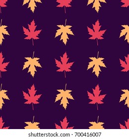  Autumn seamless pattern with maple leaves on dark background. Can be used for design of wrapping paper,textile, blog decoration, banner, poster,or romantic greeting card.Vector illustration.