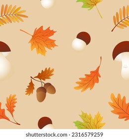 Autumn seamless pattern with maple leaves,acorns,oak leaves,rowan leaves,ceps on beige background.