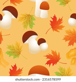 Autumn seamless pattern with maple leaves,ceps, chanterelle, orange boletus on yellow background.