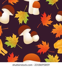 Autumn seamless pattern with maple leaves,ceps, chanterelle, orange boletus on dark background.