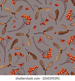 Autumn seamless pattern with maple and mountain ash seeds. Fall Thanksgiving Pattern. Ideal for printing on fabric, wallpaper, wrapping paper, packaging, postcards.