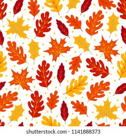 Autumn seamless pattern with maple and oak leaves on white background. Perfect for seasonal and Thanksgiving Day greeting cards 