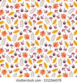 Autumn seamless pattern with maple, oak leaves, twigs and berries, acorns on a white background. Vector illustration.