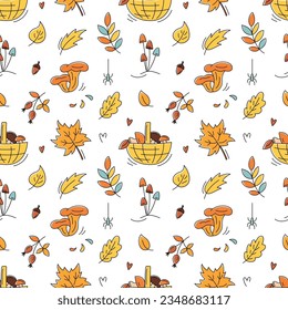 Autumn seamless pattern with maple and oak leaves, chanterelle and basket of mushrooms. Autumn forest. Fall season background