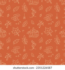 Autumn seamless pattern with maple and oak leaves, chanterelle and basket of mushrooms. Monochrome line pattern on orange. Autumn forest. Fall season background