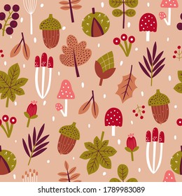 Autumn seamless pattern. Modern fall seasonal decor. Floral design for wrapping paper, fabrics, covers and cards. Vector illustration.