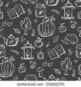 Autumn seamless pattern. Monochromatic doodle elements, nature and forest symbols. Hand drawn texture, scandinavian style decor. Cold weather, harvest and animals. Vector illustration