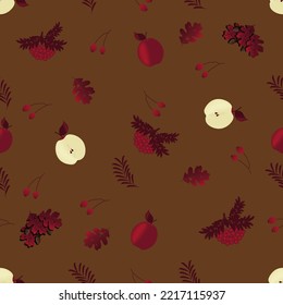 Autumn seamless pattern with mountain ash, oak leaves, acorn, rosehip berry, red apple and slice of apple on brown background. Beautiful design print for wallpaper or bed linen. Autumn concept.