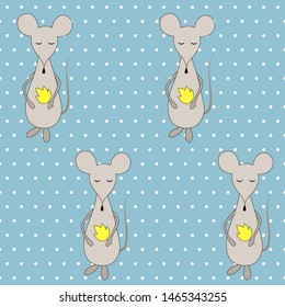 Autumn seamless pattern with mouse and white circles on blue polka dot background. Vector illustration for fabric, textile, wallpaper, posters, gift wrapping paper, pajamas. Print for children.