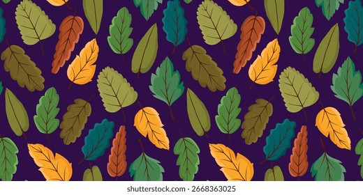 Autumn Seamless Pattern with Multicolored Leaves on Dark Background. Doodle hand-drawn foliage. Autumn repeatable background perfect for fashion, wrapping paper, packaging, invitations, and stationery