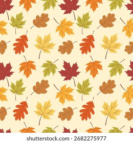Autumn seamless pattern with multicolored orange, yellow, and brown leaves on a on a light beige background. Perfect for fall themed backgrounds, textile designs or wrapping paper. Vector Illustration