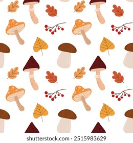 Autumn seamless pattern with mushroom and leaves. Autumn vibes, forest, food. Vector simple flat design isolated on white background