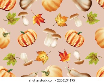 autumn seamless pattern with mushroom and pumpkins and leaves