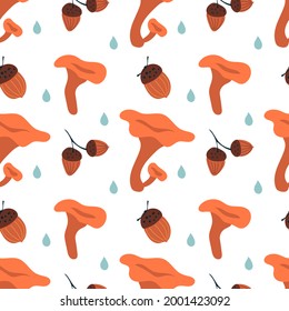 Autumn seamless pattern with mushrooms and acorns. Fall vector pattern.
