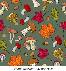 Patrón de otoño sin fisuras con hongos, bellotas, castañas y hojas. Diseño para tela, textil, papel pintado, embalaje.	
