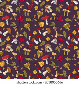 Autumn seamless pattern with mushrooms, acorns, chestnuts and leaves. Design for fabric, textile, wallpaper, packaging.