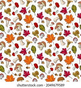 Autumn seamless pattern with mushrooms, acorns, chestnuts and leaves. Design for fabric, textile, wallpaper, packaging.	
