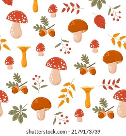 Autumn seamless pattern with mushrooms, acorns and leaves. Design for fabric, textile, surface, web and print design, wallpaper, packaging.