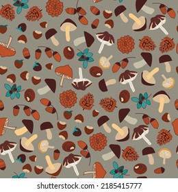 autumn seamless pattern with mushrooms, acorns, nuts and leaves. vector design for paper, fabric and other surface