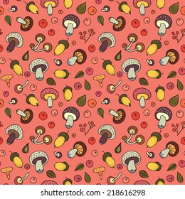 Autumn seamless pattern with mushrooms, acorns and berries.