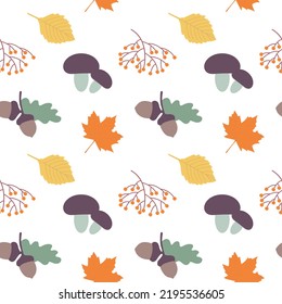 Autumn seamless pattern. Mushrooms, acorns, rowanberry, yellow and orange leaves repeating on white background. Design for wallpaper, gift paper, web page background, autumn greeting cards. Vector.