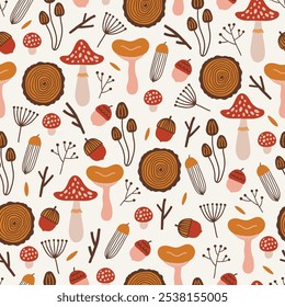 Autumn seamless pattern with mushrooms, acorns, leaves on white background. Perfect for seasonal greetings, wallpaper, wrapping paper, fabric. Vector illustration