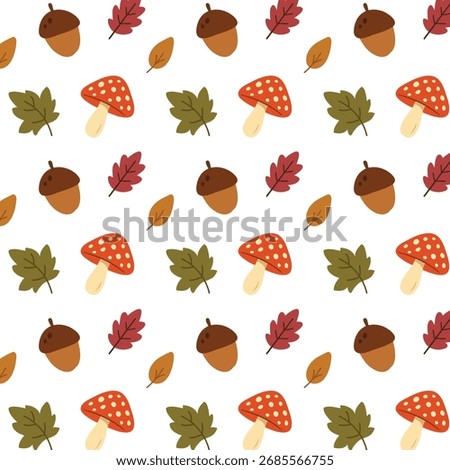 Autumn seamless pattern with mushrooms, acorns and fall leaves on white background. Great for fabric, wrapping paper and seasonal design.