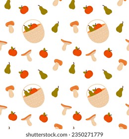 Autumn seamless pattern with mushrooms and apples