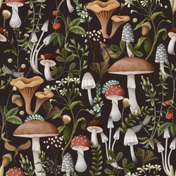 Autumn Seamless Pattern With Mushrooms, Berries And Bugs. Natural Trendy Print