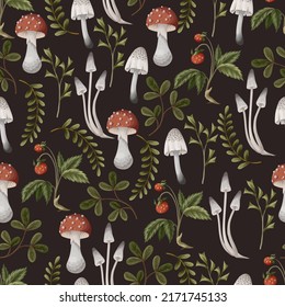 Autumn seamless pattern with mushrooms, berries and bugs. Natural trendy print